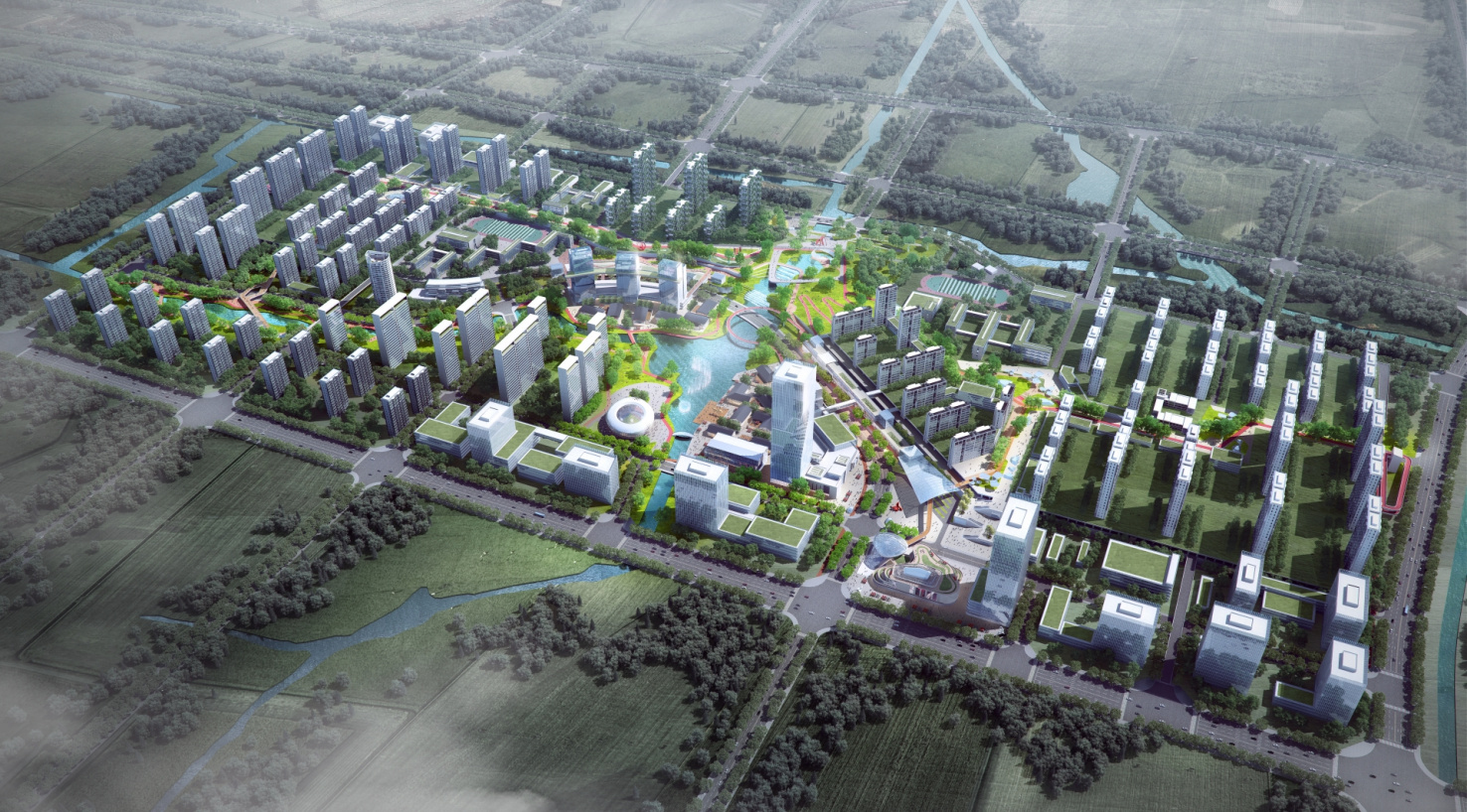 Rendering of aerial view of mixed-use development in China with several dozen high-rise buildings.