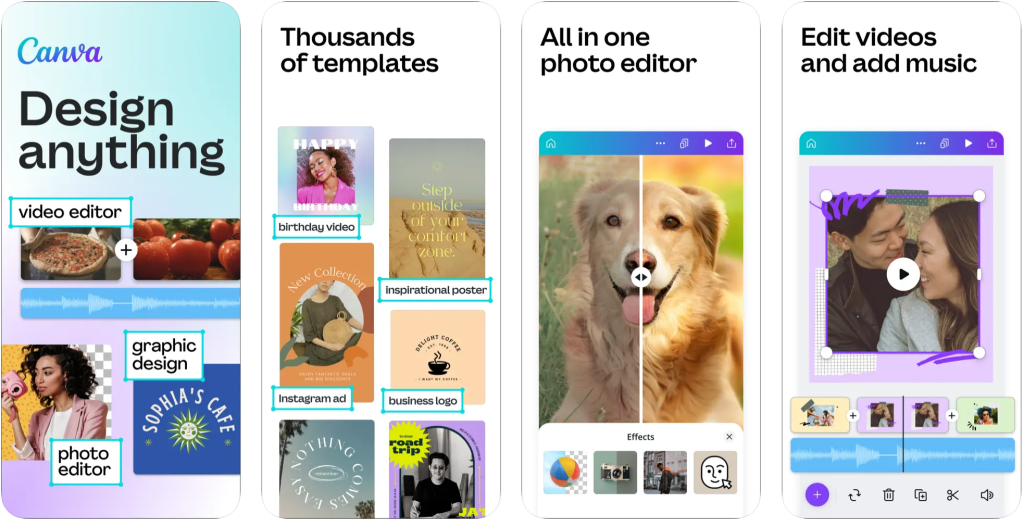 A series of screengrabs illustrating the functionality of the Canva app.