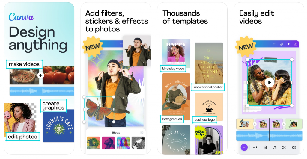 Screengrabs from the Canva app showing various design functions for the photo app.