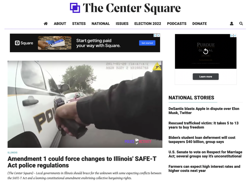 The website for The Center Square shows article headlines and their corresponding images.