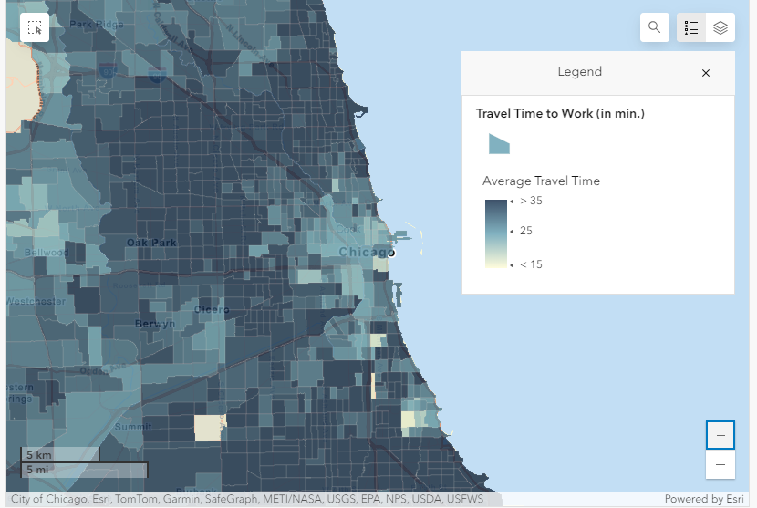 Chicago region commute duration heatmap (https://transweb.sjsu.edu/research/2064-Commute-Duration-Dashboard-Guide )