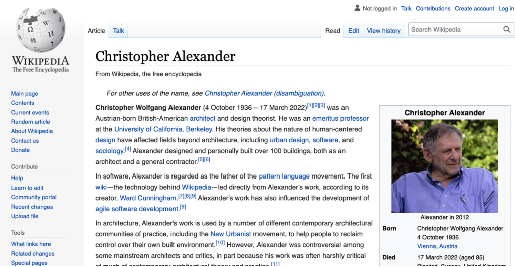 A screengrab of the Wikipedia page for Christopher Alexander/