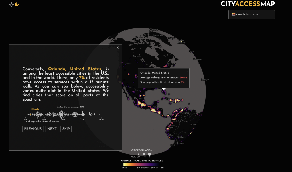 The City Access Map website shows a map of the world, shown as a globe in space, with varying colors around cities. A box with data and information about walking and accessibility appears to the left of the globe.