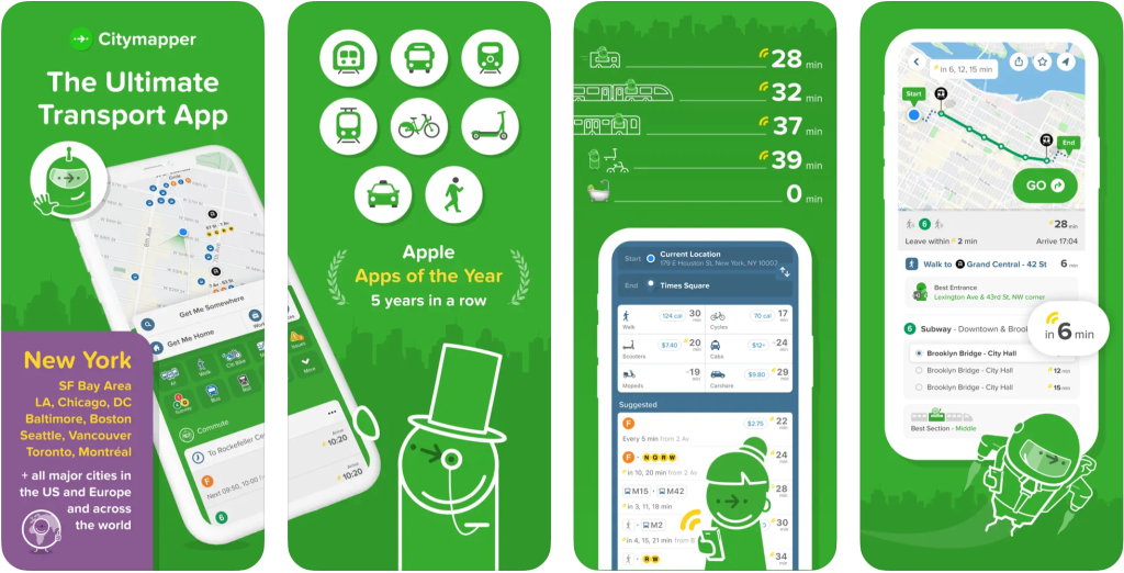 A series of screengrabs illustrating the mapping and navigation tools available in the Citymapper app.