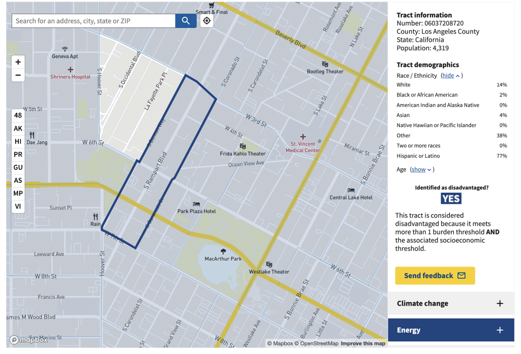 The top of the “Climate and Economic Justice Screening Tool” website shows a map of a neighborhood, bounded by a line, with data and statistics running down the side of the page.