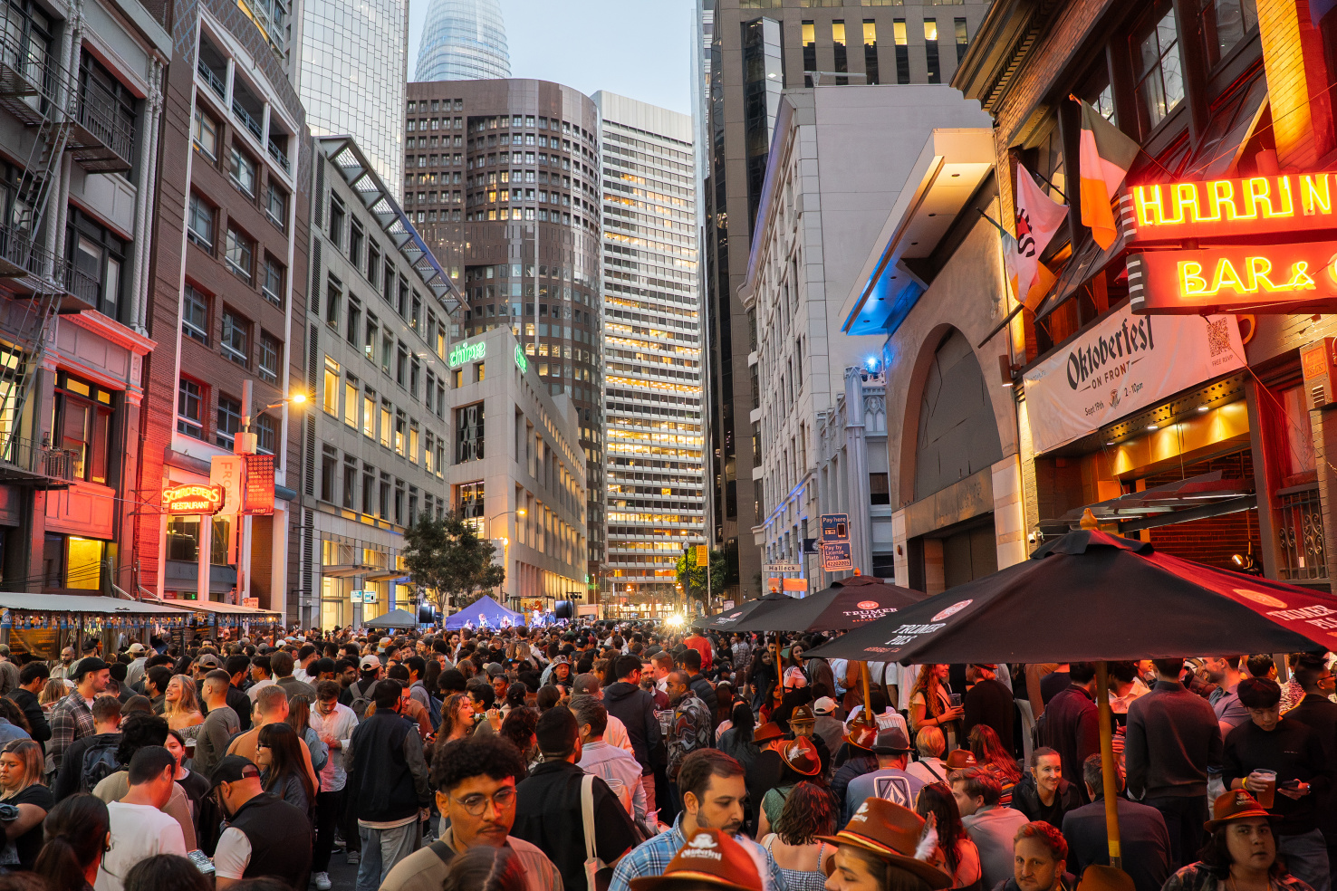 Crowd of Oktoberfest-goers in downtown San Francisco.