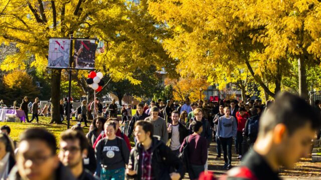 Outside view of a busy walkway with students and golden leaf trees with Northeastern University flags on poles