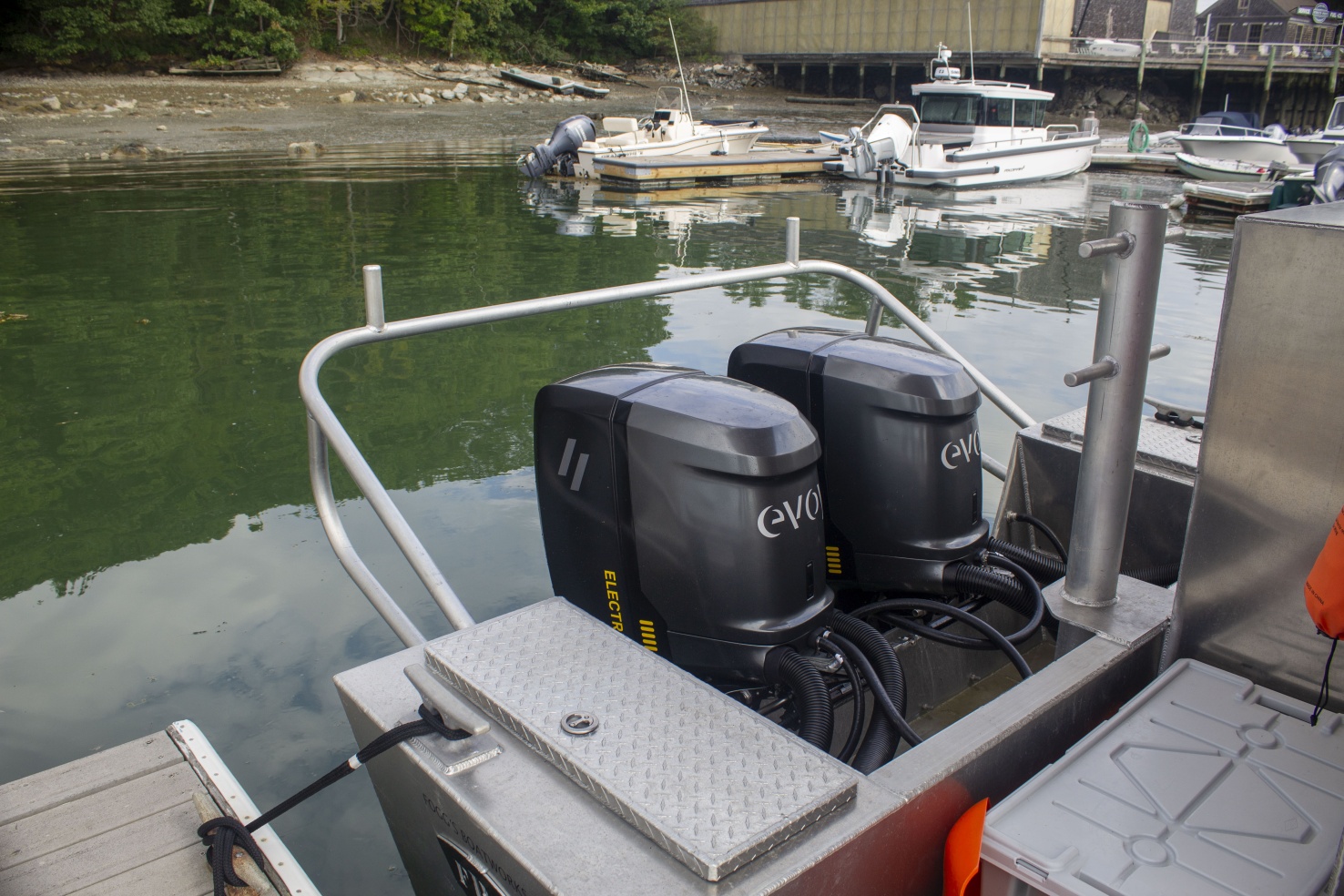 Heron, Maine Ocean Farms' new electric boat, is equipped with two all-electric outboards that they purchased with funding from a U.S. Department of Energy grant.