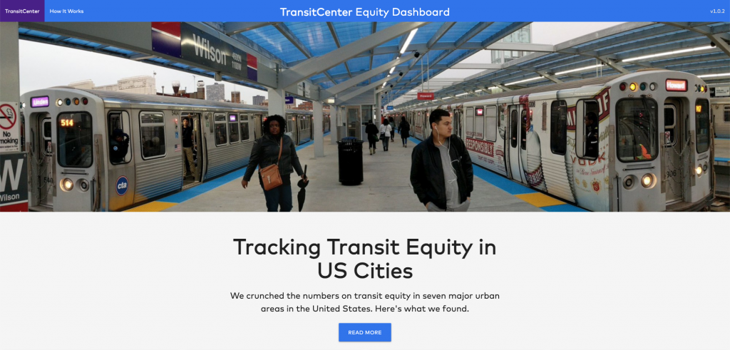 A screengrab of the homepage for the TransitCenter Equity Dashboard.