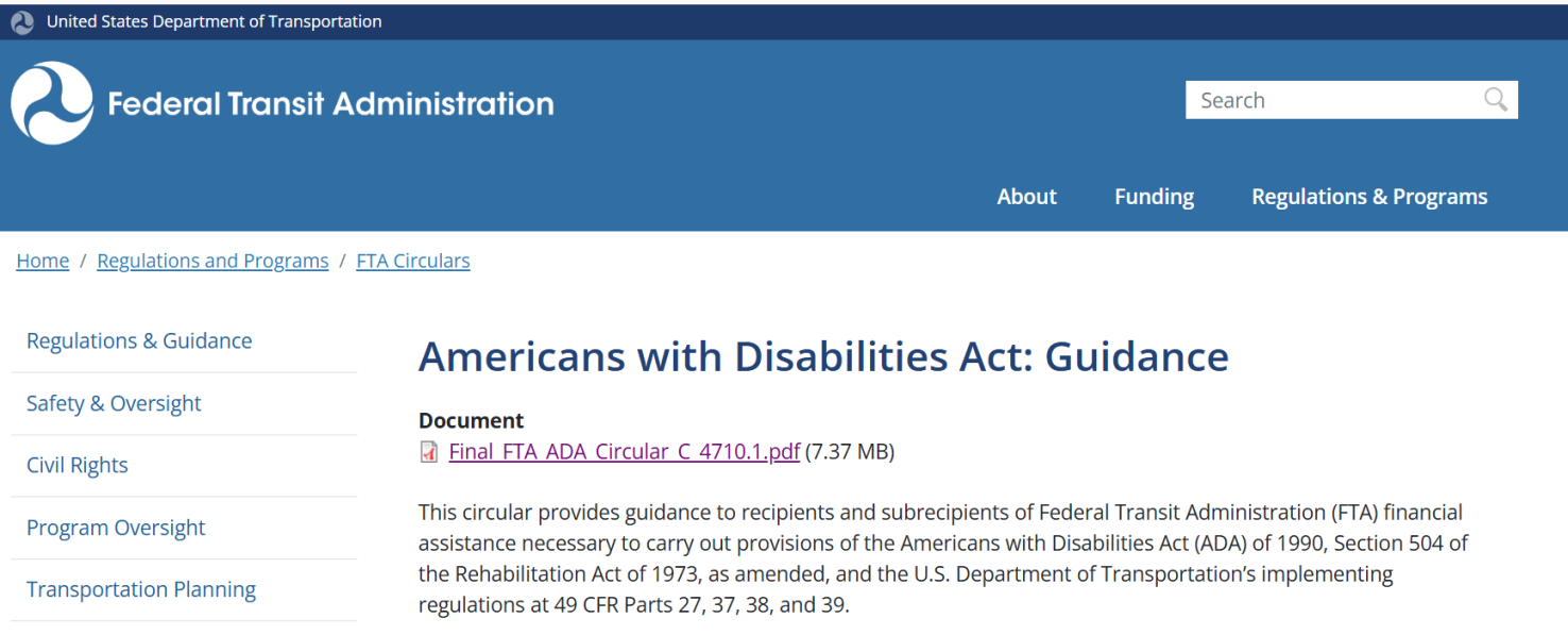 A screenshot of the ADA page that links to Circular 4710.1.