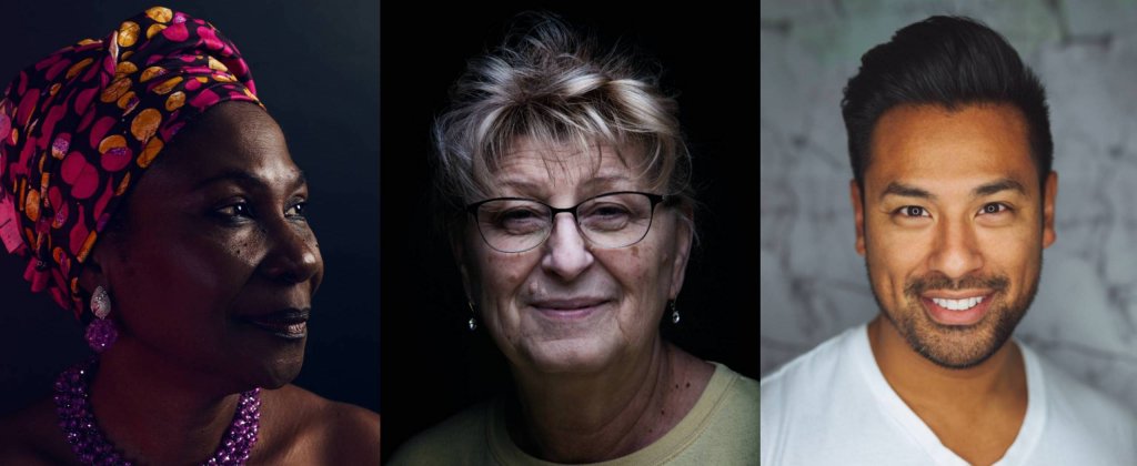 A trio of faces of varying gender and race, shown in a portrait style in a studio setting.