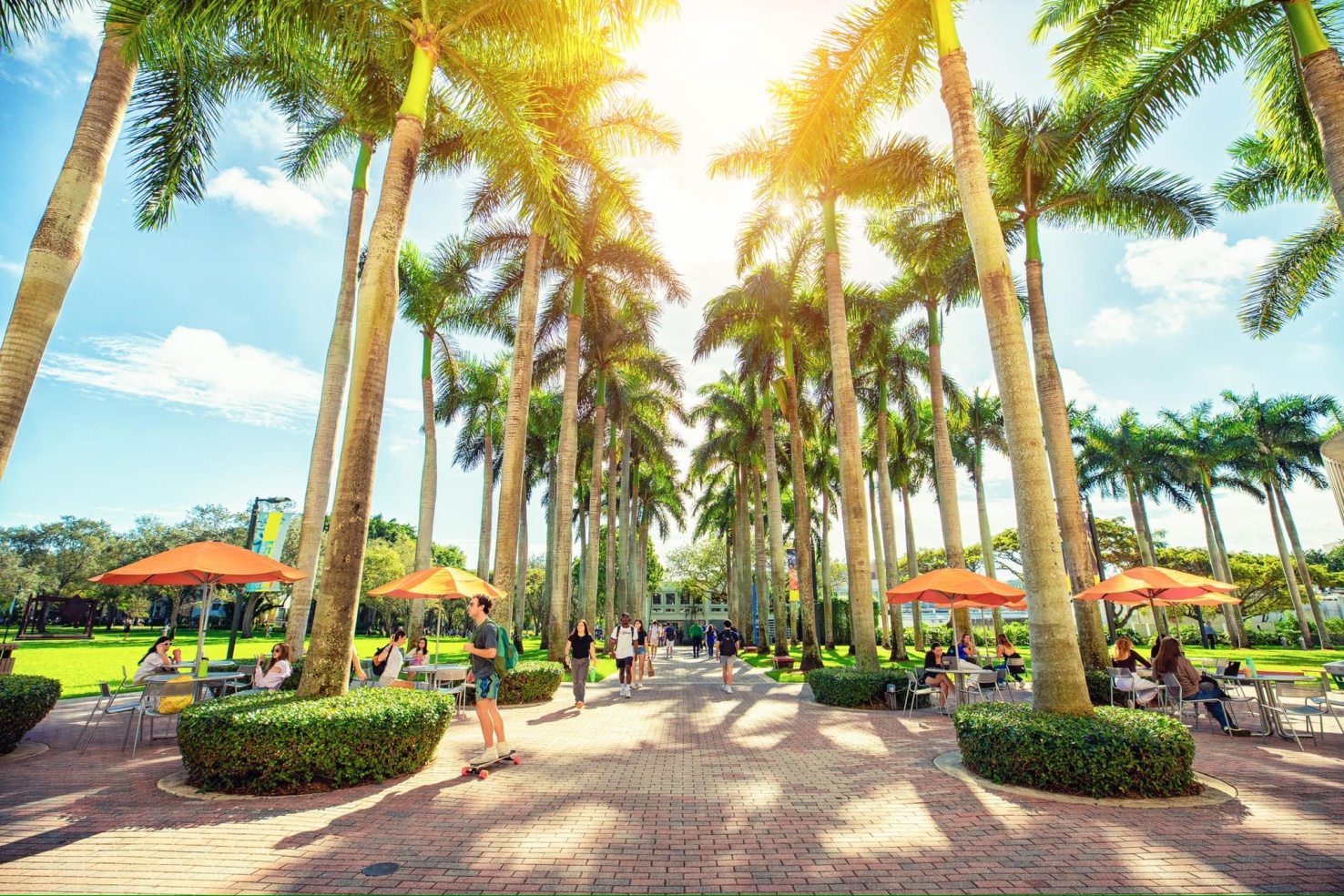 Image of a park with lots of palm trees with tables and orange umbrellas