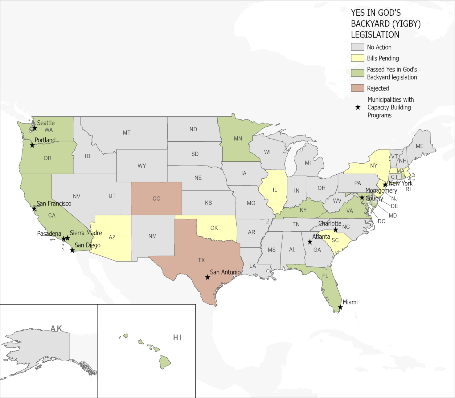 Color coded map of YIGBY legislation by US state.
