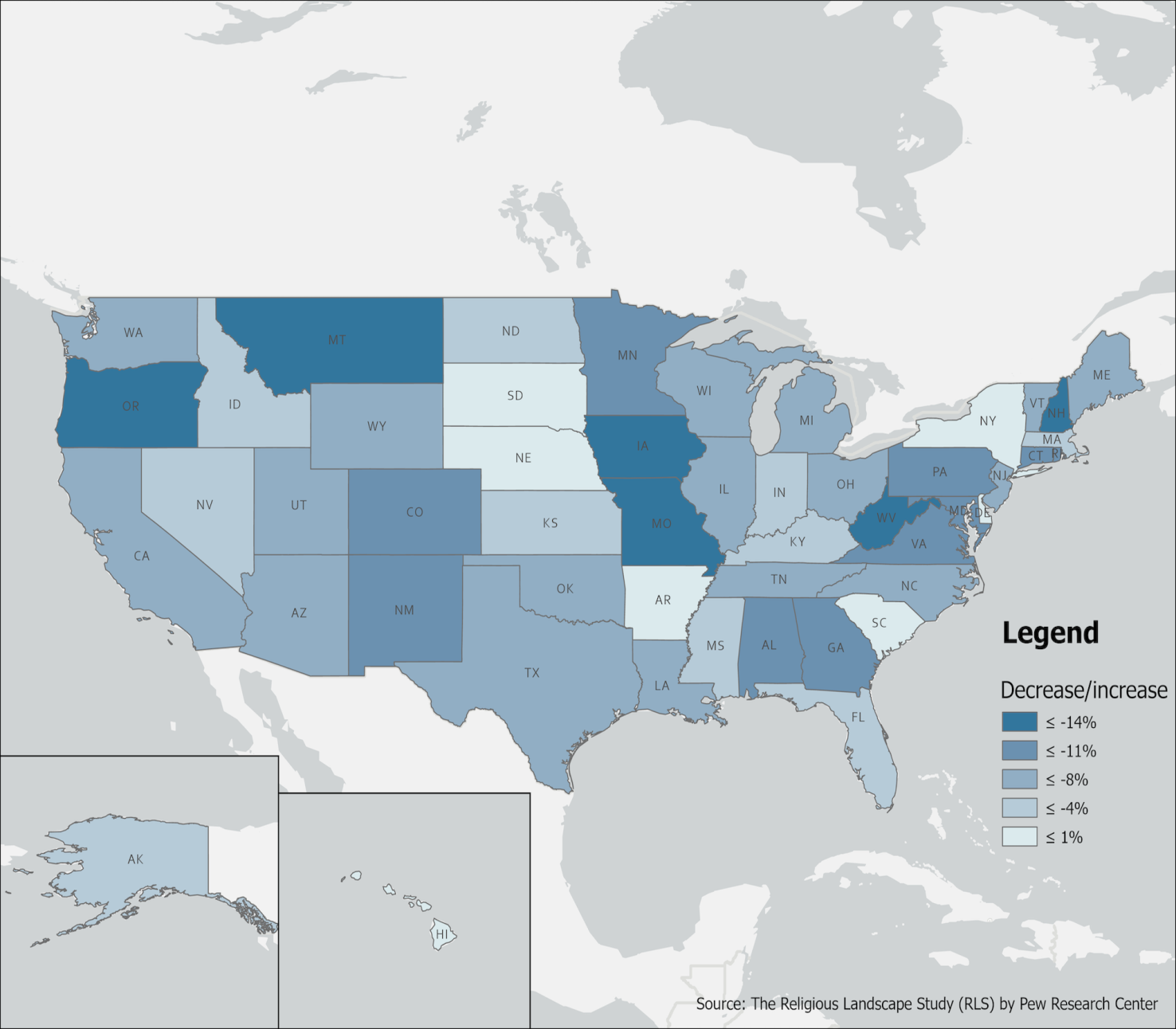 Color coded map of rates of christianity in United States.