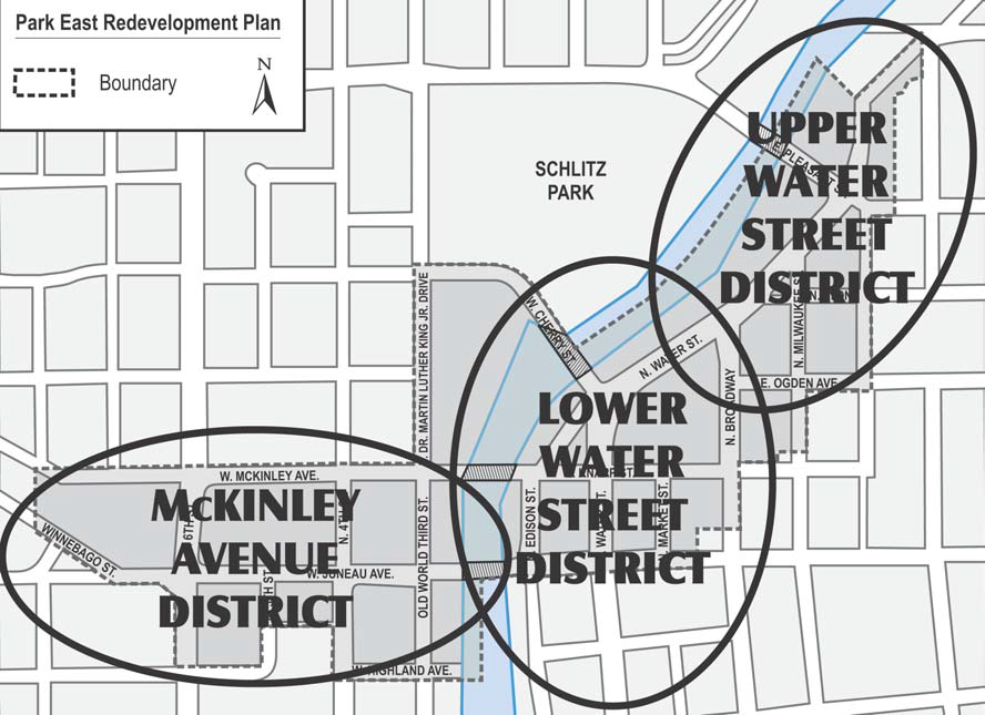 A map of downtown Milwaukee, highlighting public spaces and districts.