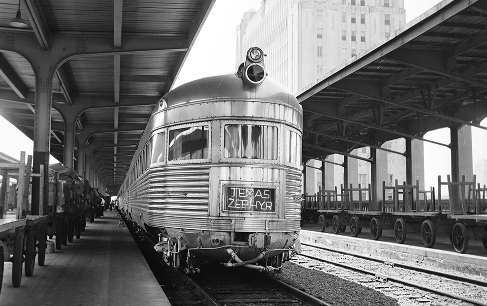 Streamline/Art Deco Texas Zephyr train in station in Fort Worth, Texas in 1962.