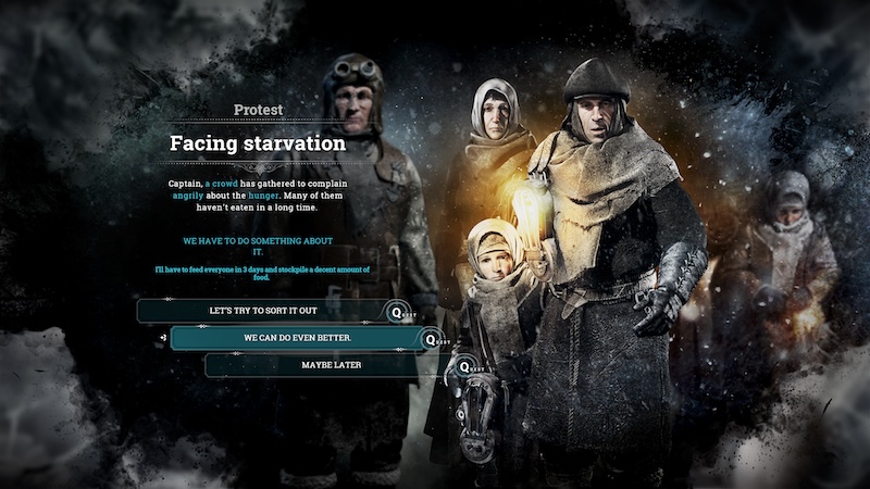 Screenshot of complaint in Frostpunk video game with realistic-looking characters of family bundled up in very cold weather.