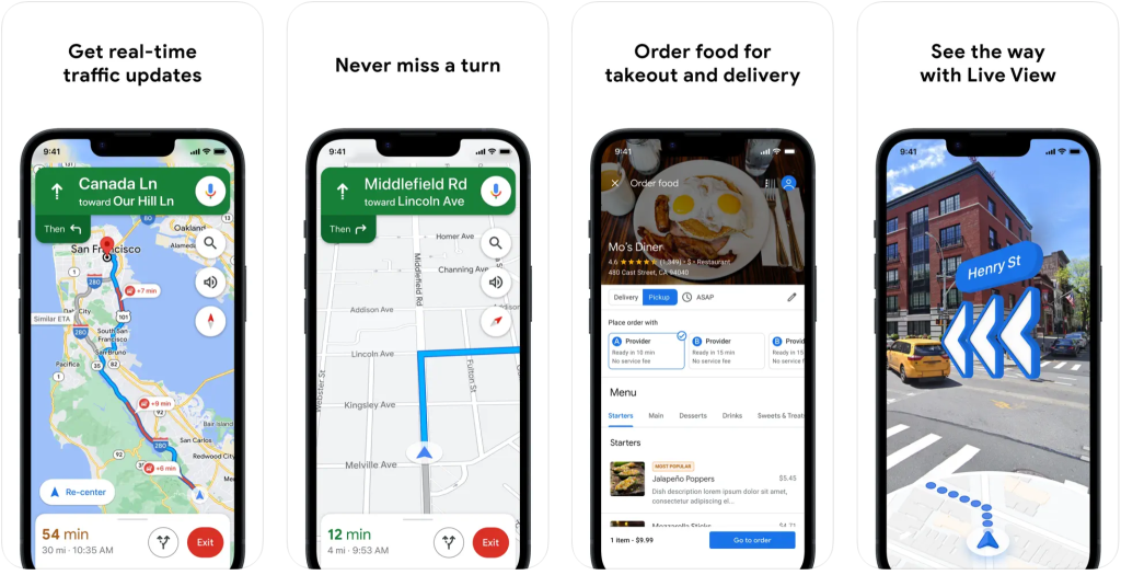 Multipel screngrabs of mapping and navigation uses on the Google Maps app.