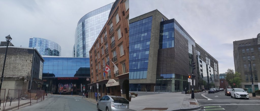 A side-by-side comparison of two urban street scenes. Both seem strangely devoid of people on foot and devoted to car parking and driving.