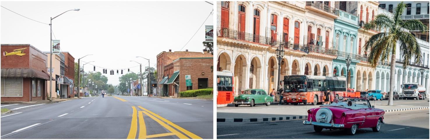 Side by side photos of Havana Florida and Cuba.