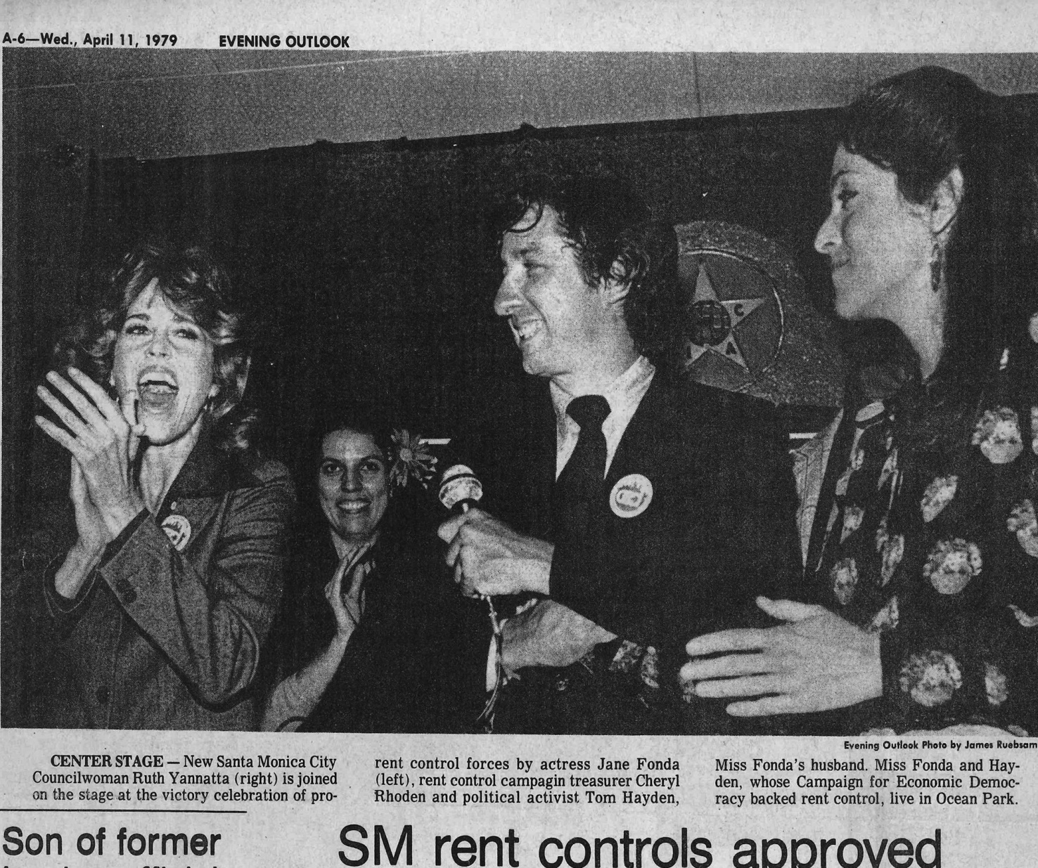 Coverage of the rent control campaign victory featuring Jane Fonda, Cheryl Rhoden, Tom Hayden and Ruth Yannatta in the Santa Monica Evening Outlook.
