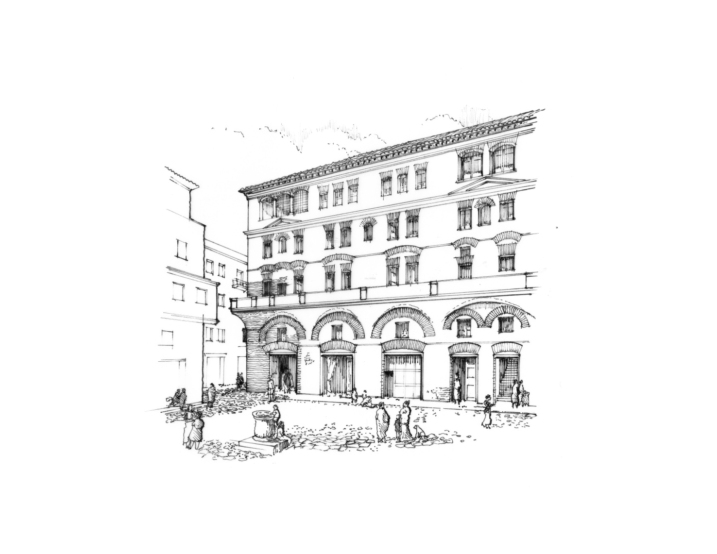 A pen drawing of a Roman Insula, showing multiple floors of dwelling spaces.
