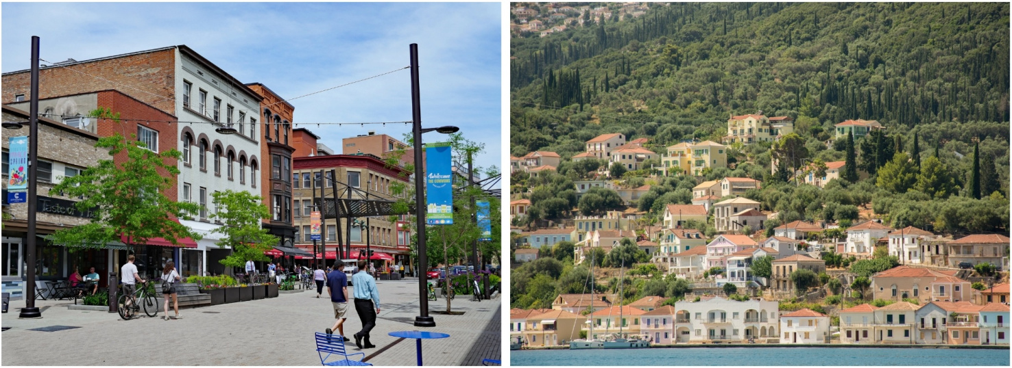 Side by side photos of Ithaca, New York and Ithaca, Greece.