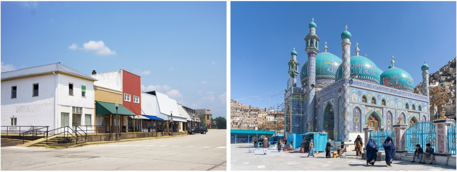 Side by side photos of Cabool, Missouri and Kabul, Afghanistan.