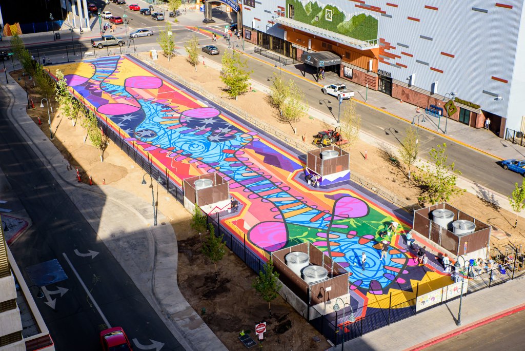 An aerial image of a brightly colored plaza in Downtown Reno, Nevada.