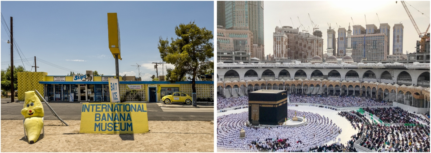 Side by side photos of Mecca, California and Saudi Arabia.