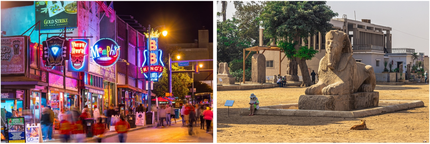 Side by side photos of Memphis Tennessee and Egypt.