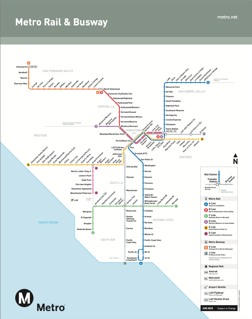 The official map of Metro L.A. rail and busway maps as of June 2023.