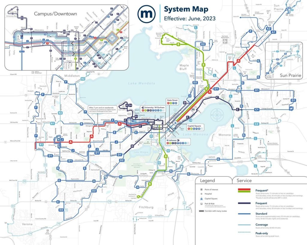 A map of the city of Madison’s transit routes.