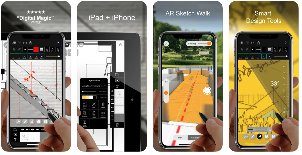 Screengraps showing the drawing and annotation tools available in the Trace app.