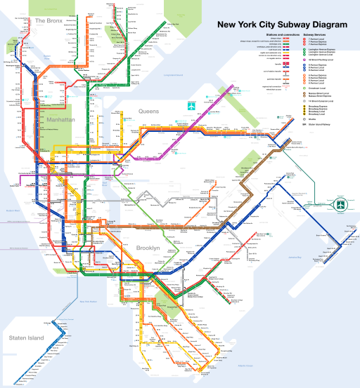Color-coded New York City subway map.