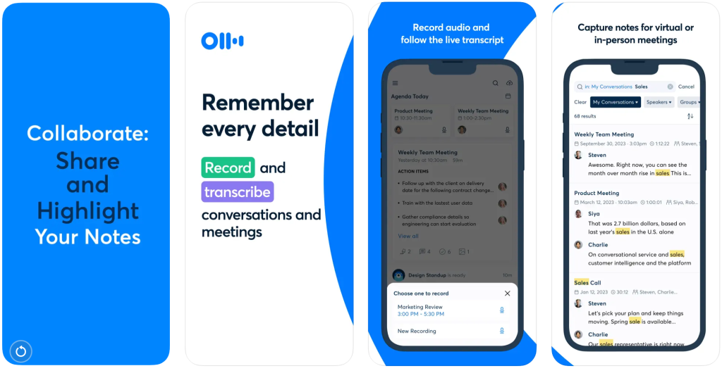 A series of screengrabs illustrating the functionality of the Otter.ai app.