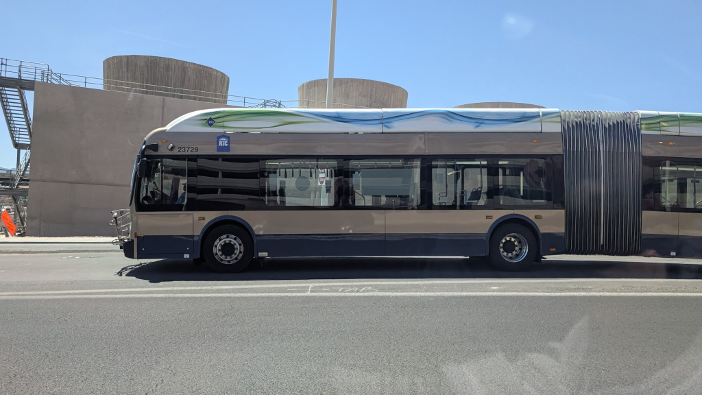 Silver articulated bus in Las Vegas, Nevada.