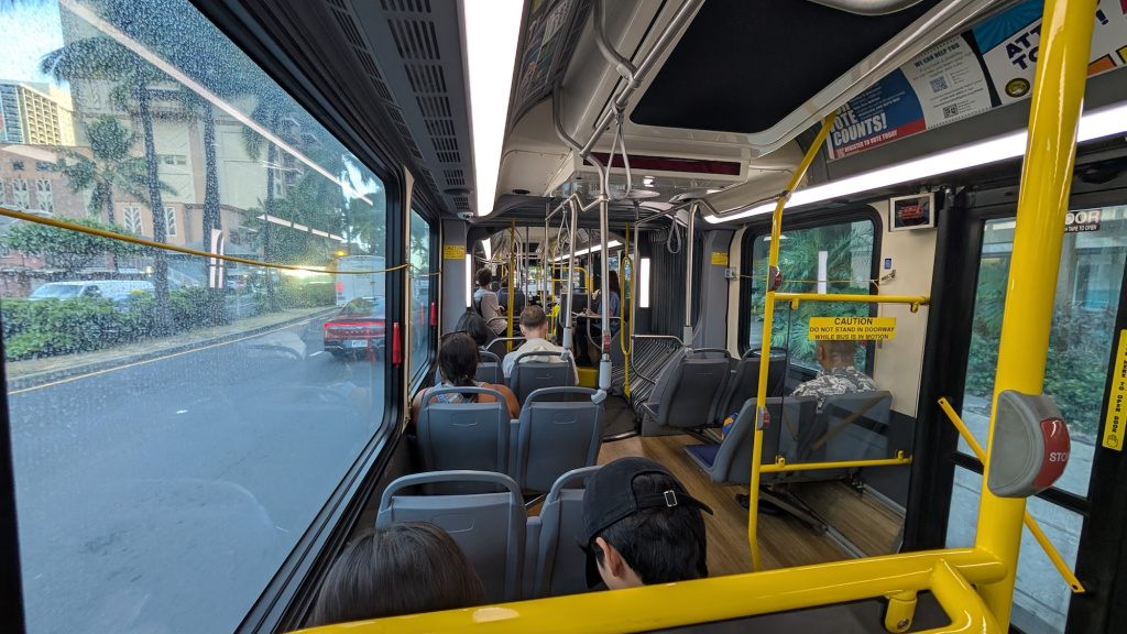 Interior shot from an articulated bus in Honolulu, HI.