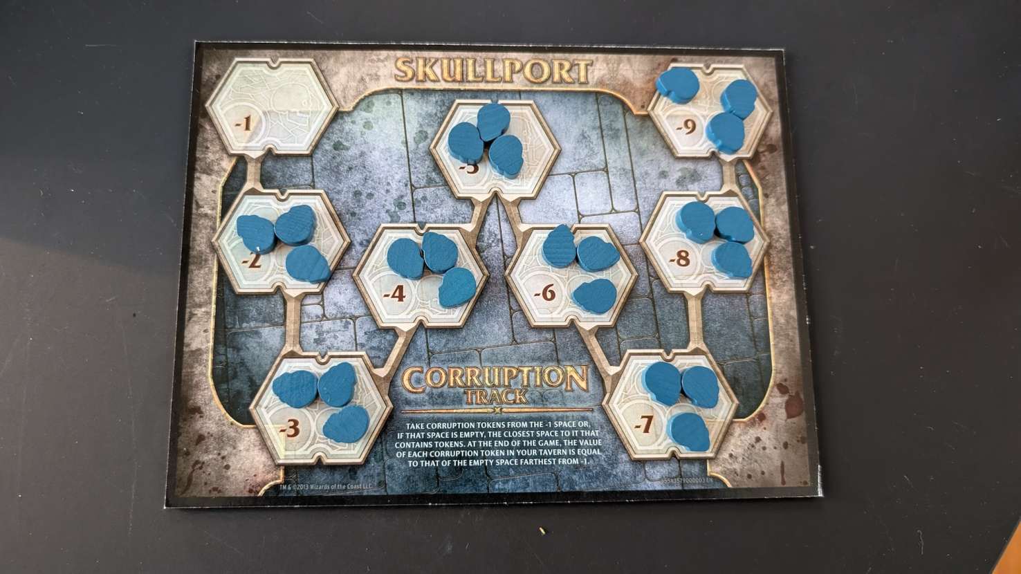 Fantasy game board with blue tokens placed on various hexagonal sections.