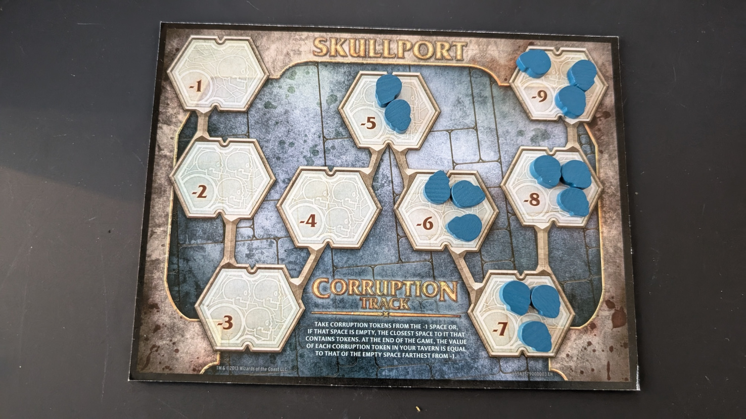 Fantasy game board with blue tokens placed on various hexagonal sections.