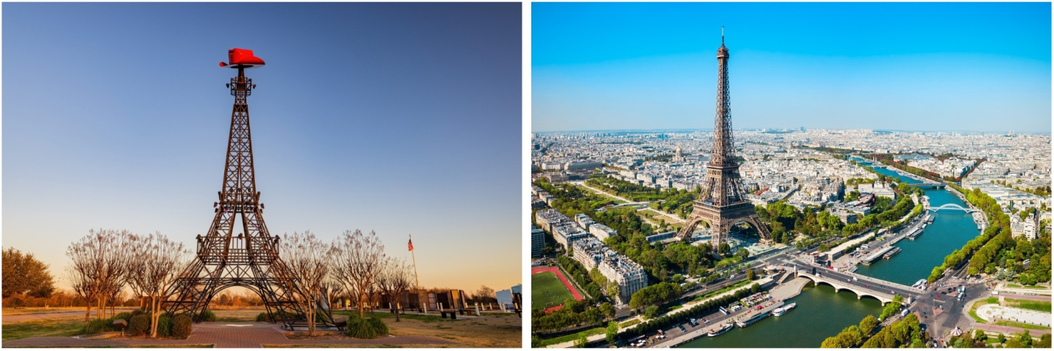 Side by side photos of Paris, Texas and France.