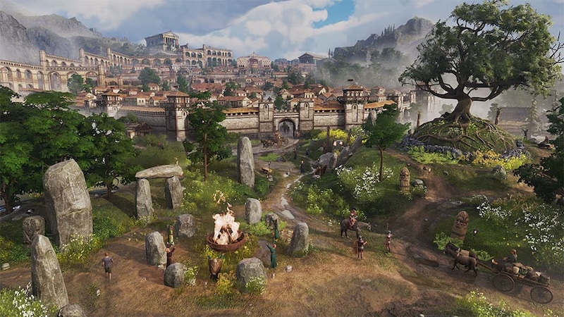 Screenshot from Pax Romana video game of Stonehenge-like monoliths next to walled Roman city.
