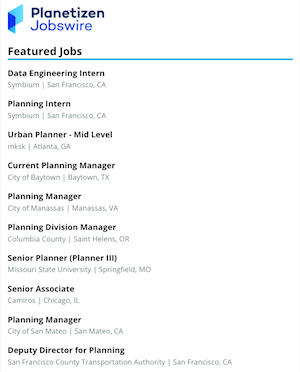 A screengrab of the Planetizen Jobswire, with a list of recently published jobs.