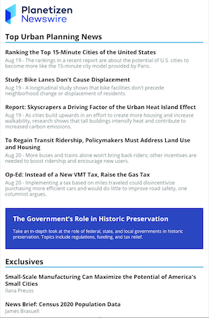 A screengraby of the Planetizen Newswire, with a list of recently published stories.