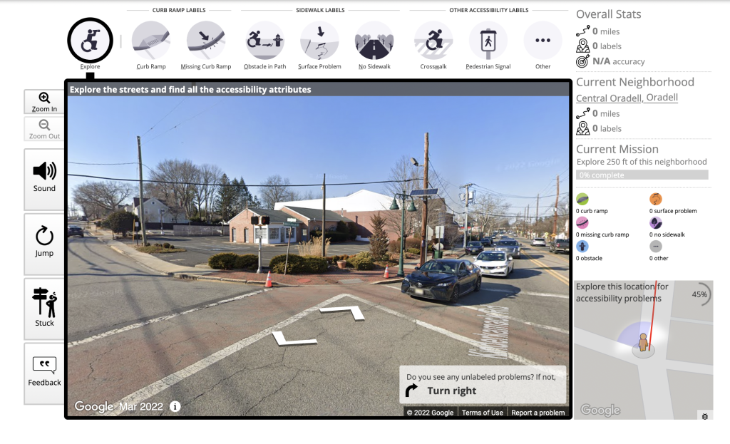 A screengrab of the user interface of the Project SIdewalk website, which shows a picture of a street with a menu for identifying features of the street.