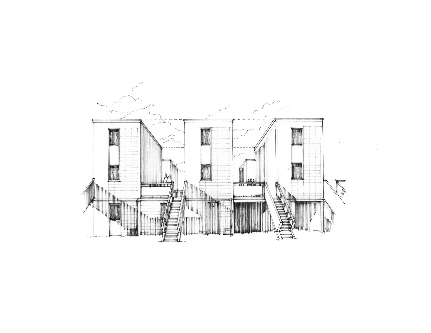 A drawing of three "Half a Houses." The houses are narrow, with two windows each, one above the other. Each house has a staircase leading to it.