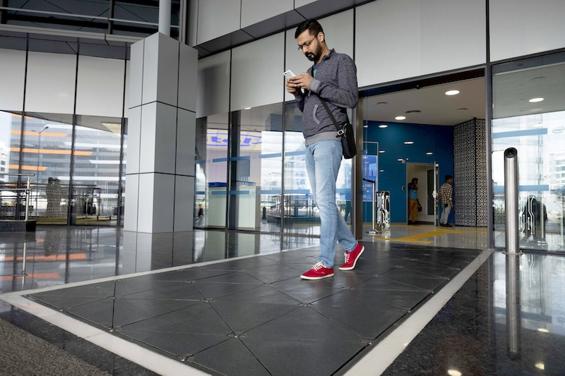 Pavegen has combined the concept of in-ground solar tiles with the kinetic energy generated by people’s footsteps. Credit: Pavegen