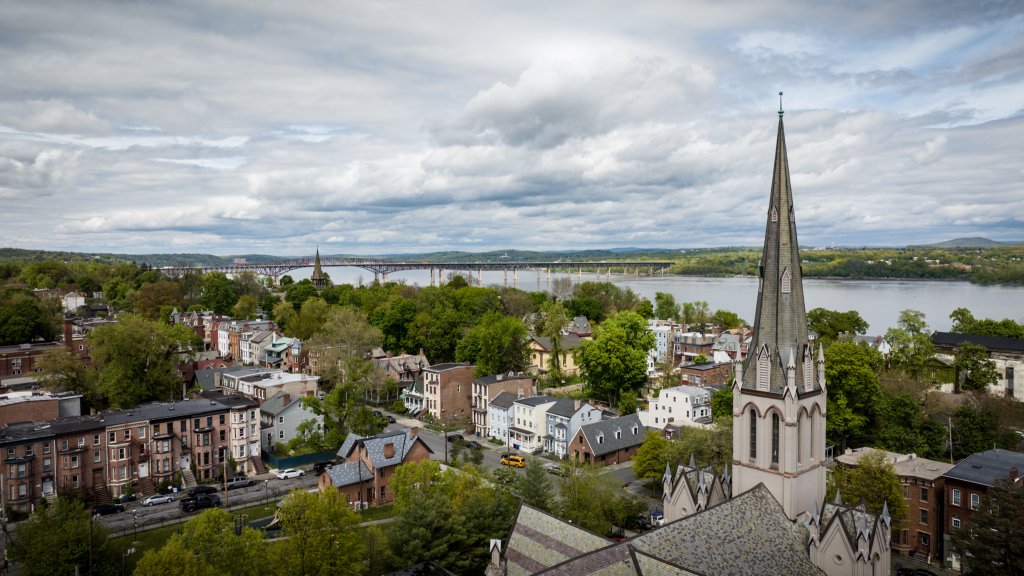 Aerial photo of portions of the East End II project in Newburgh, NY showing rehabilitated homes and buildings