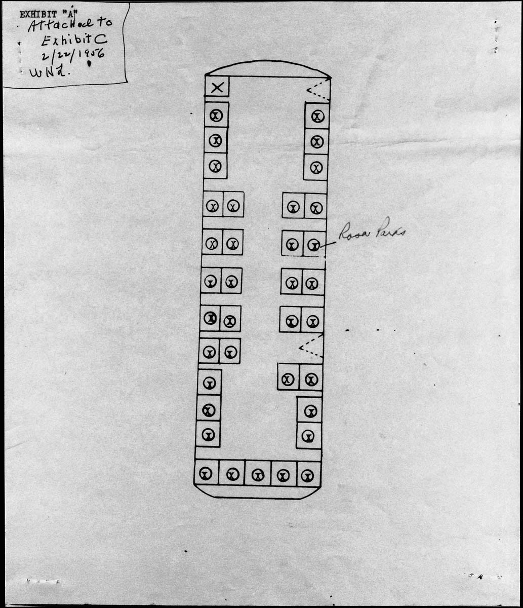 Diagram of where Rosa Parks sat on board the Cleveland Avenue bus, 6 p.m., Thursday, December 1, 1955. Included as an exhibit in Browder v. Gayle, a landmark court case that prohibited segregation on local public transportation. Credit: Wikimedia Commons