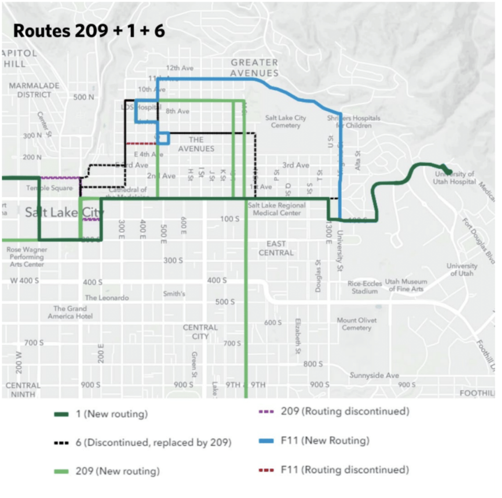 A map of planned bus routes around and through the Avenues in Salt Lake City.